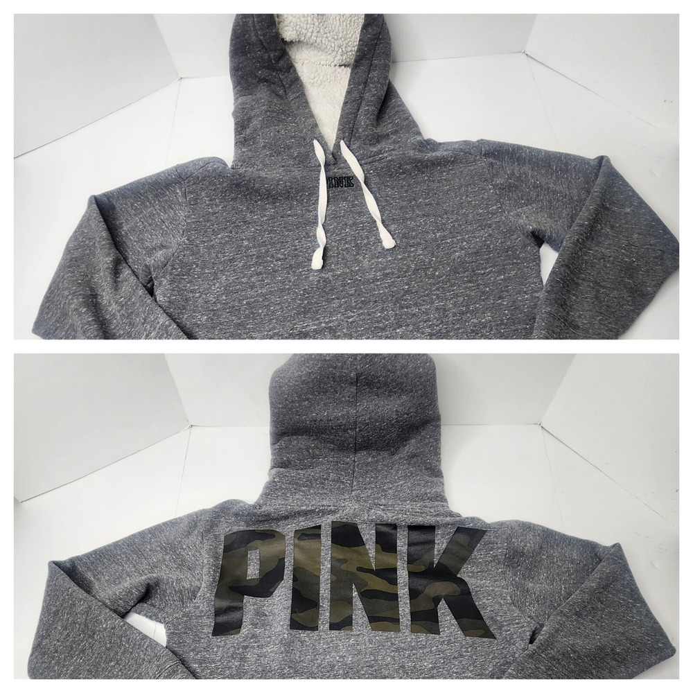 Victoria's Secret PINK XS Fur Lined Hood Hoodie Jacket Camo Logo On Back EUC